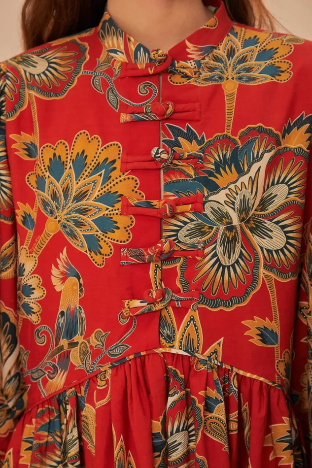 Women Mini Dresses Farm Rio Red Maxi Floral Long Sleeve Mini Dress