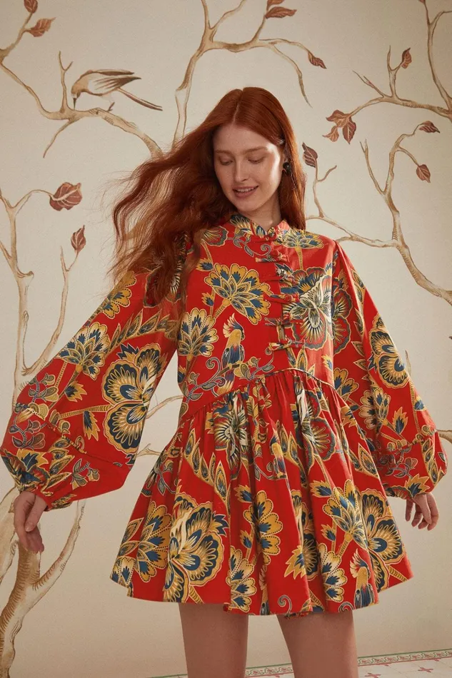Women Mini Dresses Farm Rio Red Maxi Floral Long Sleeve Mini Dress