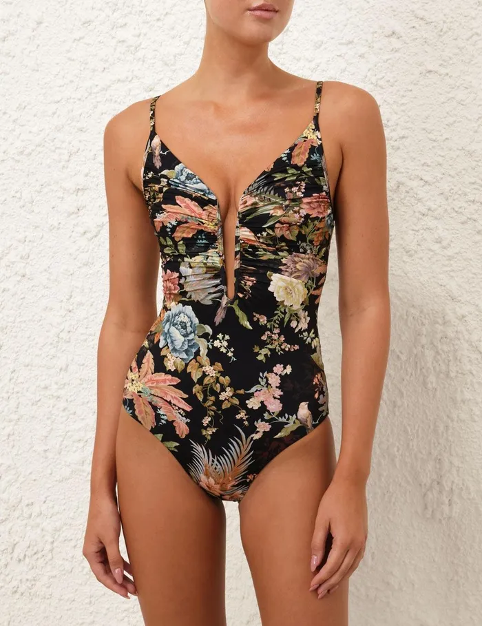 Women One Pieces Zimmermann Tallow Gather Plunge 1pc Black Multi Floral