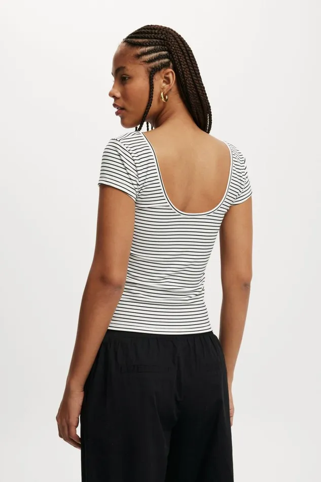 Women Tops Cotton On Emily Double Scoop Short Sleeve Crisp Stripe Natural Whiteblack Women Tops Cotton On Emily Double Scoop Short Sleeve Crisp Stripe Natural Whiteblack
