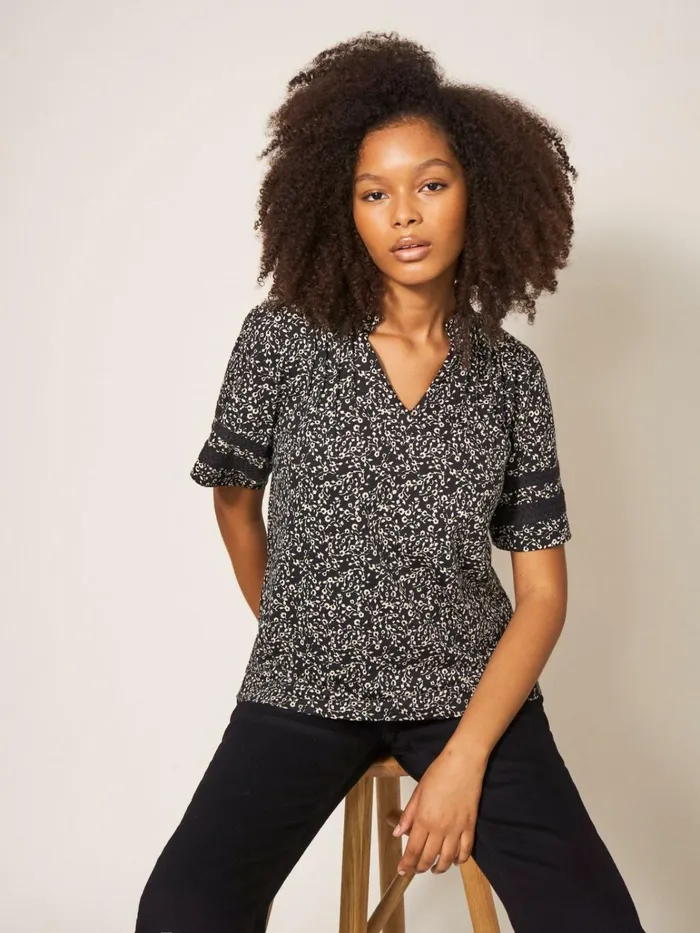 Women White Stuff Tops And Tshirts FLUTTER SLEEVE TOP Black Print