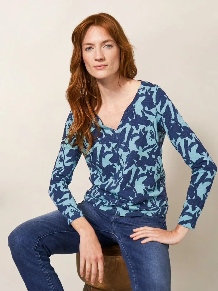Women White Stuff Tops And Tshirts Nelly Long Sleeve TShirt Teal Print