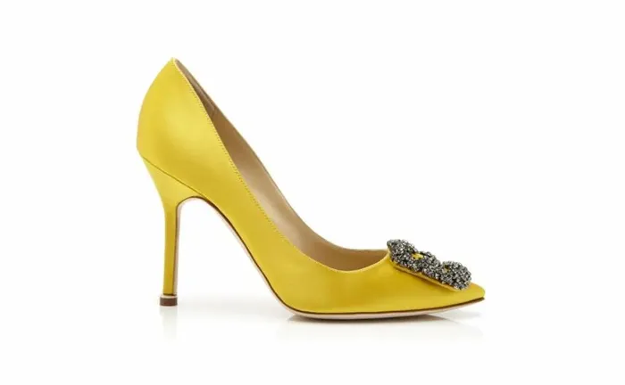 Women Yellow Satin Jewel Buckle Pumps Manolo Blahnik Pumps
