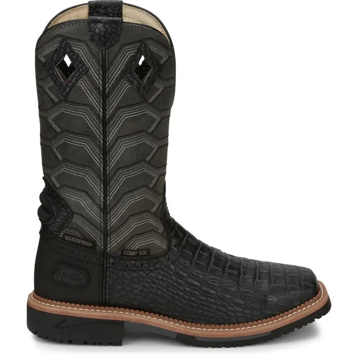 Work Men Justin Boots Derrickman 12034 Composite Toe Waterproof Work Boot Charcoal Croc Print 040black041